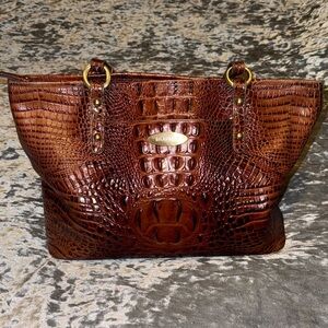 Brahmin Cognac Croc-Embossed Leather Tote with Gold Hardware